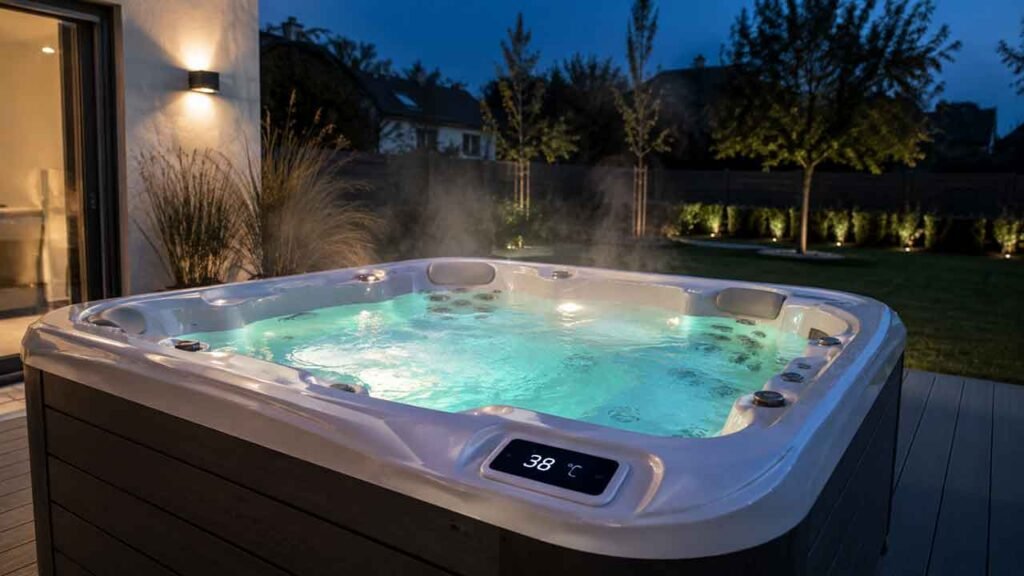 Whirlpool dampft im Abendlicht bei 38 Grad Wassertemperatur