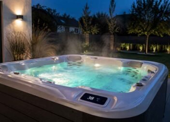 Whirlpool dampft im Abendlicht bei 38 Grad Wassertemperatur